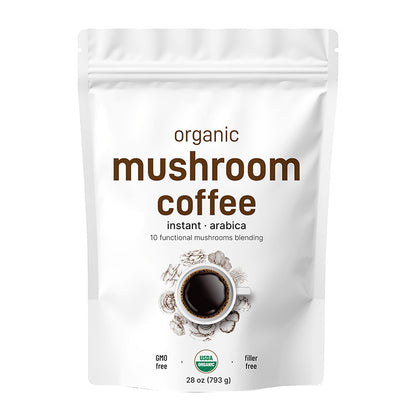 Organic Instant 10-in-1 Mushroom Coffee Powder – Premium Arabica with Lion’s Mane, Chaga, Reishi & Adaptogens, 28 oz (317 Servings)