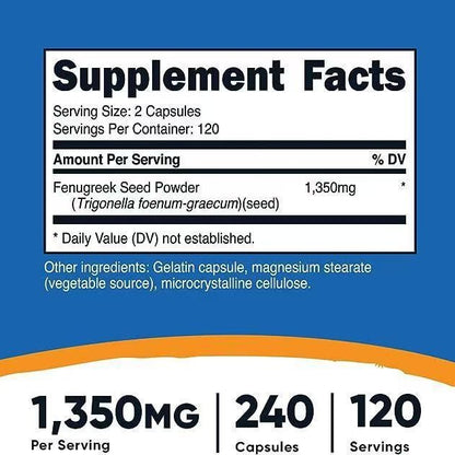 Herborigen Fenugreek Seed Supplement 1350mg – Natural Support for Breast Milk Production, Digestive Health & Glucose Metabolism | Non-GMO, 240 Veggie Caps