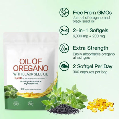Herborigen Oregano Oil Softgels with Black Seed Oil – 180 Count | 4X Strength Carvacrol & Thymoquinone | Non-GMO