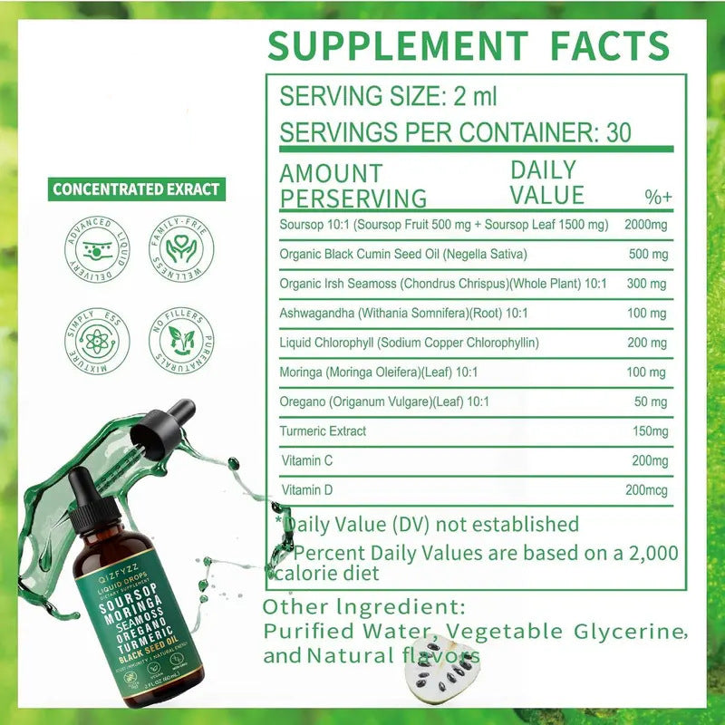 Herborigen Soursop Bitters with Sea Moss & Moringa – Liquid Herbal Drops for Joint Health, Inflammation Support & Daily Vitality | Black Seed, Turmeric, Oregano