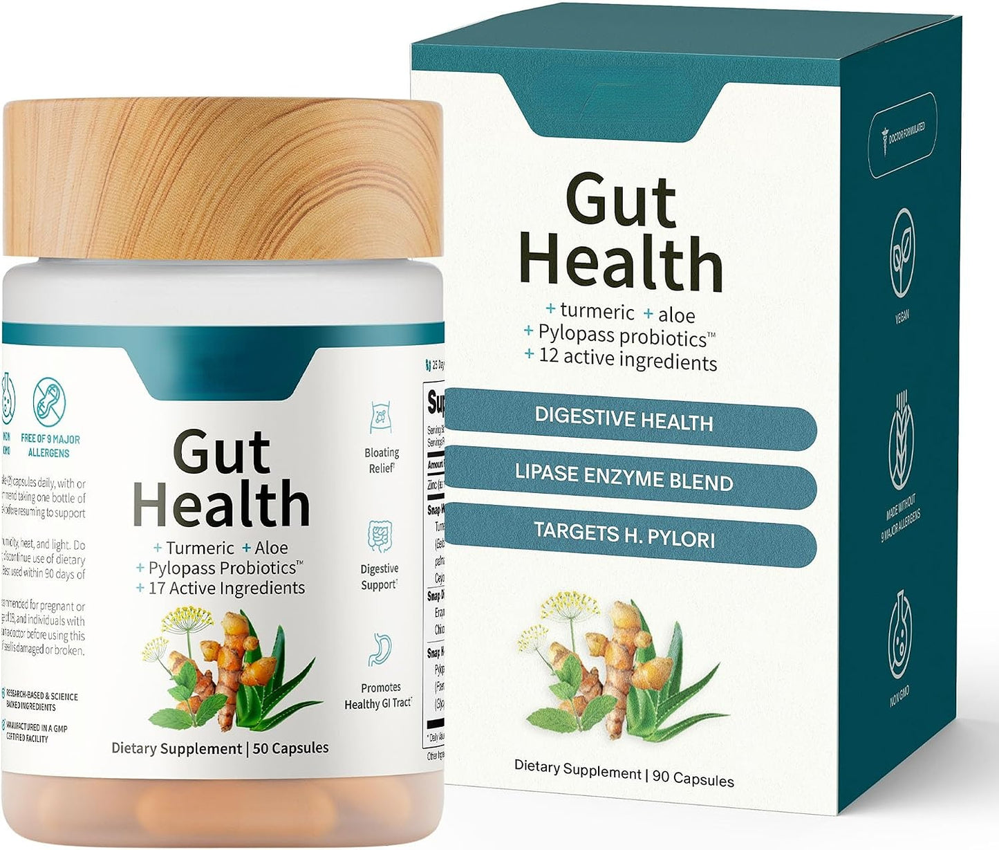 Digestive Enzyme & Probiotic Gut Health Supplement – Lipase, Prebiotics, Turmeric, Aloe & Zinc for Women & Men, 50 Vegetarian Capsules