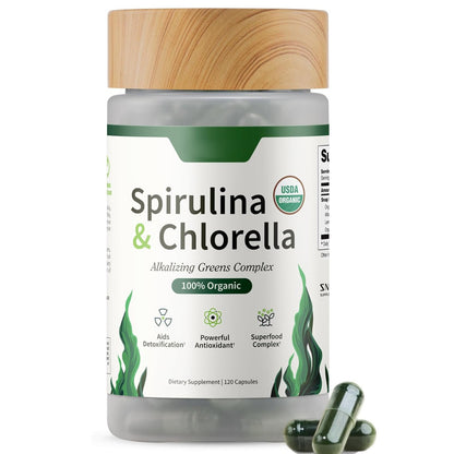 Organic Spirulina & Chlorella Capsules | Protein-Rich Blue-Green Algae Superfood for Energy & Immune Support, 120 Veggie Caps (30-Servings)