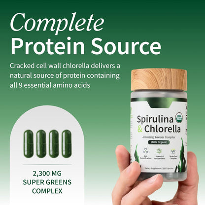 Organic Spirulina & Chlorella Capsules | Protein-Rich Blue-Green Algae Superfood for Energy & Immune Support, 120 Veggie Caps (30-Servings)