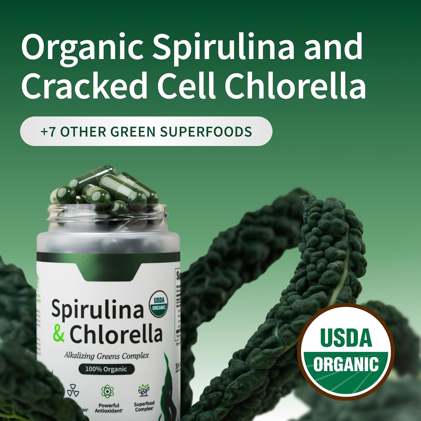 Organic Spirulina & Chlorella Capsules | Protein-Rich Blue-Green Algae Superfood for Energy & Immune Support, 120 Veggie Caps (30-Servings)