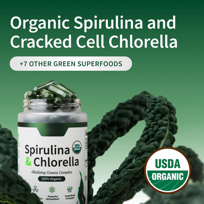 Organic Spirulina & Chlorella Capsules | Protein-Rich Blue-Green Algae Superfood for Energy & Immune Support, 120 Veggie Caps (30-Servings)
