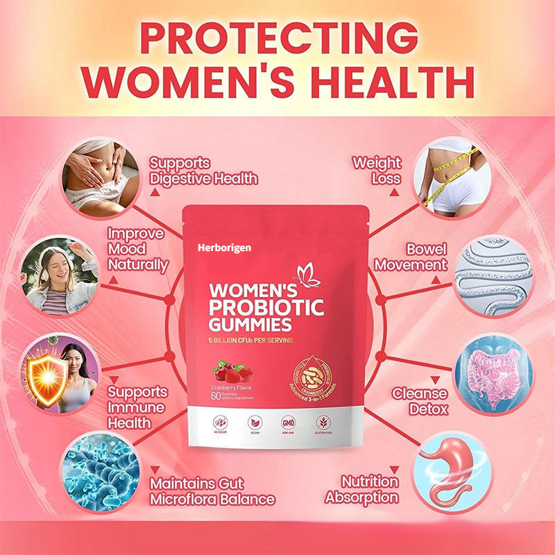 Herborigen Women's Probiotic Gummies 5 Billion CFUs Cranberry Flavor 60 Gummies Vegan Sugar Free for Digestive and Feminine Health