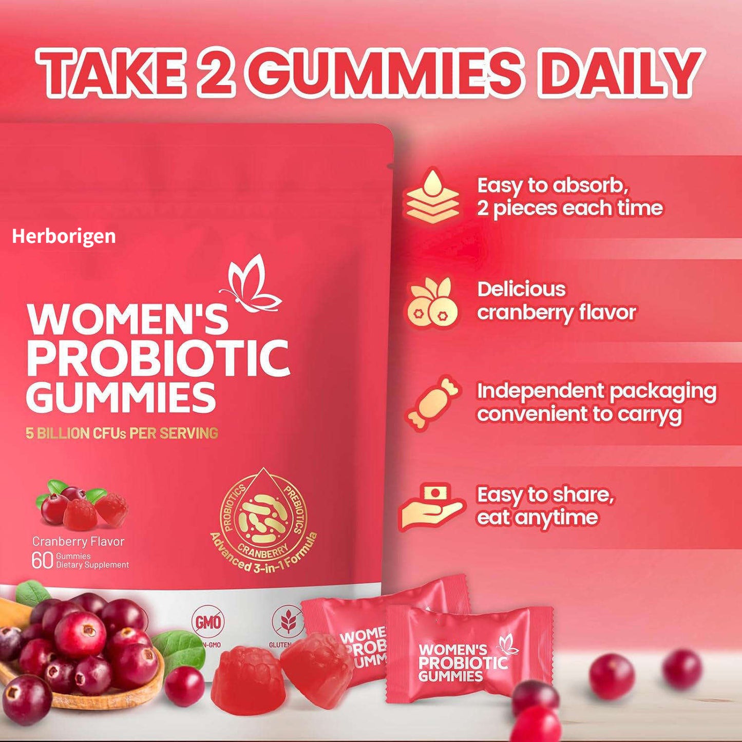 Herborigen Women's Probiotic Gummies 5 Billion CFUs Cranberry Flavor 60 Gummies Vegan Sugar Free for Digestive and Feminine Health