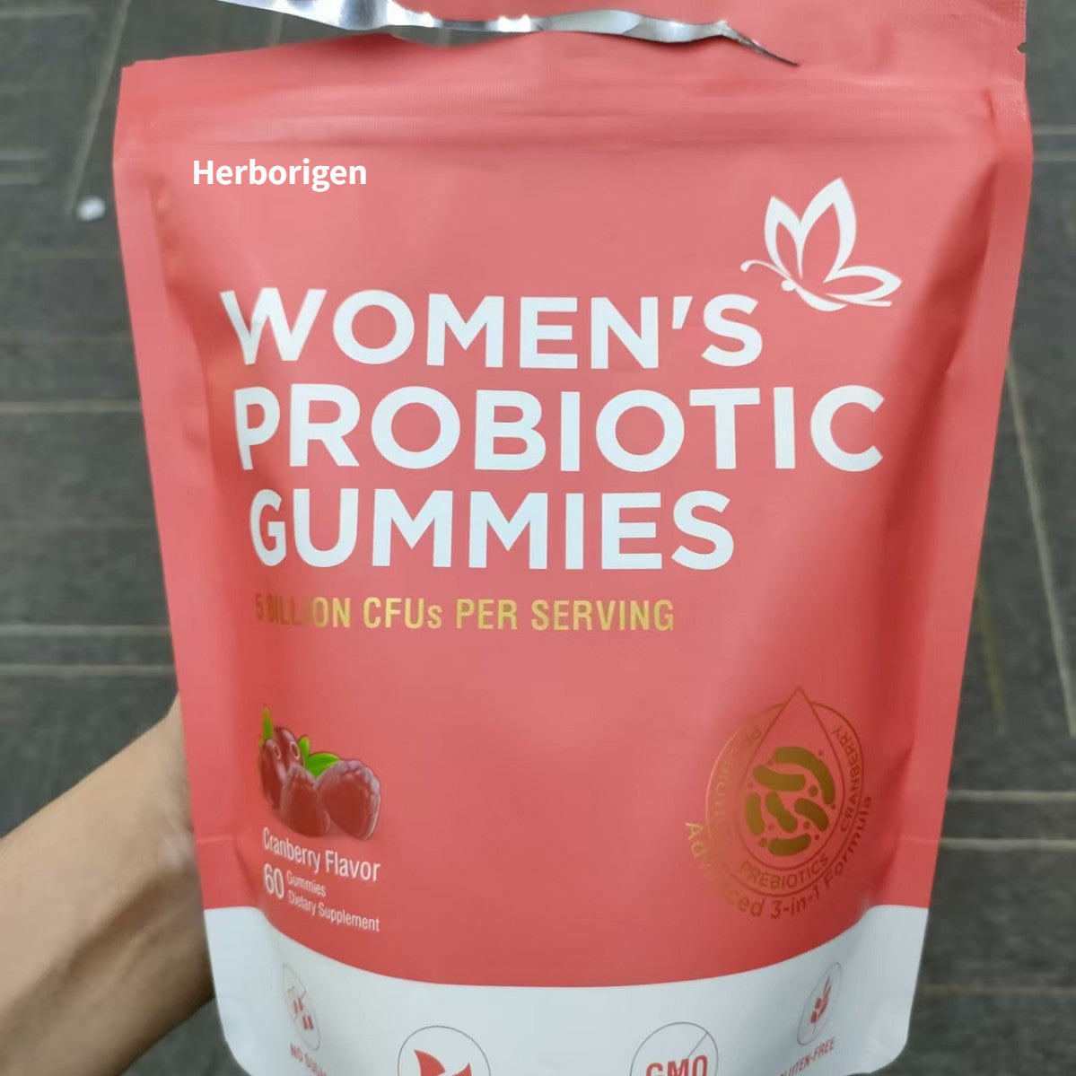 Herborigen Women's Probiotic Gummies 5 Billion CFUs Cranberry Flavor 60 Gummies Vegan Sugar Free for Digestive and Feminine Health