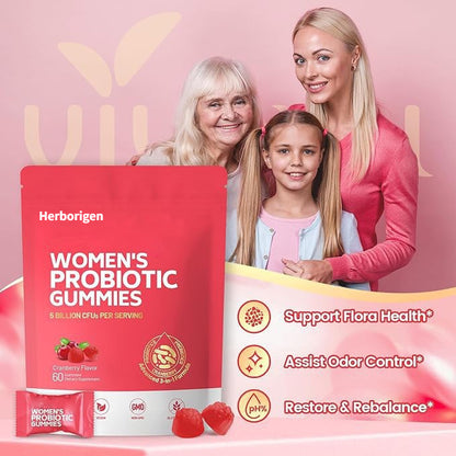 Herborigen Women's Probiotic Gummies 5 Billion CFUs Cranberry Flavor 60 Gummies Vegan Sugar Free for Digestive and Feminine Health