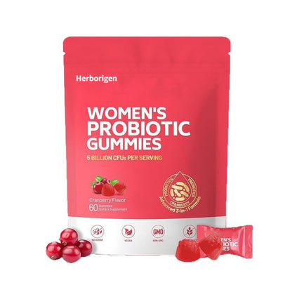 Herborigen Women's Probiotic Gummies 5 Billion CFUs Cranberry Flavor 60 Gummies Vegan Sugar Free for Digestive and Feminine Health
